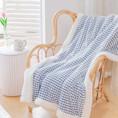 50"x 60" Luxury PLAID Embossed SHERPA Ultra Plush Velour Throw BLUE WHITE Alesia C.