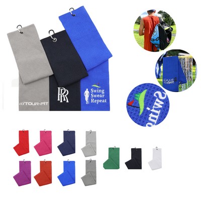 Tri-Fold Waffle Microfiber Golf Towel w/Carabiner