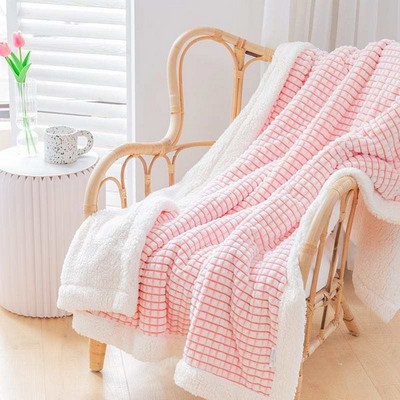 50"x 60" Luxury PLAID Embossed SHERPA Ultra Plush Velour Throw PINK WHITE Alesia C.